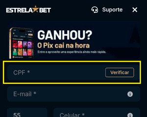 Formulário de cadastro na Estrelabet com destaque para o campo de CPF