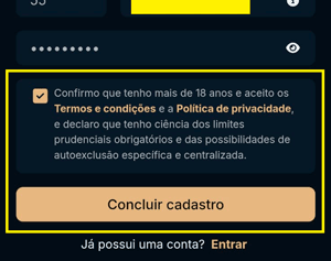 Checkbox para aceitar os Termos e Condições da plataforma e botão de concluir cadastro na Estrelabet