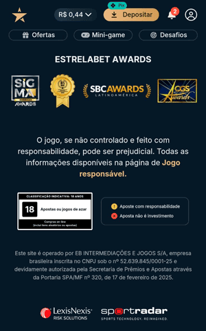 Rodapé da plataforma da Estrelabet que exibe seus prêmios, a licença de operação e credenciais de segurança