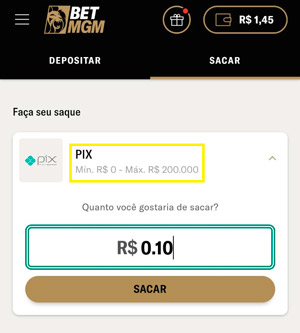 Interface de saque na BetMGM que exibe o limite mínimo de apenas R$ 0,01, permitindo saques de 10 centavos