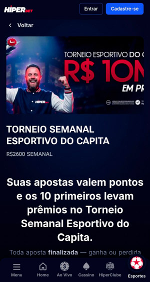 Página da oferta de torneio semanal esportivo na nova casa de apostas Hiperbet