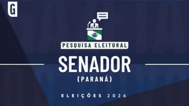 Ilustração feita pela Gazeta do Povo sobre pesquisa eleitoral nas Eleições 2026, com a bandeira do Paraná e a palavra Senador