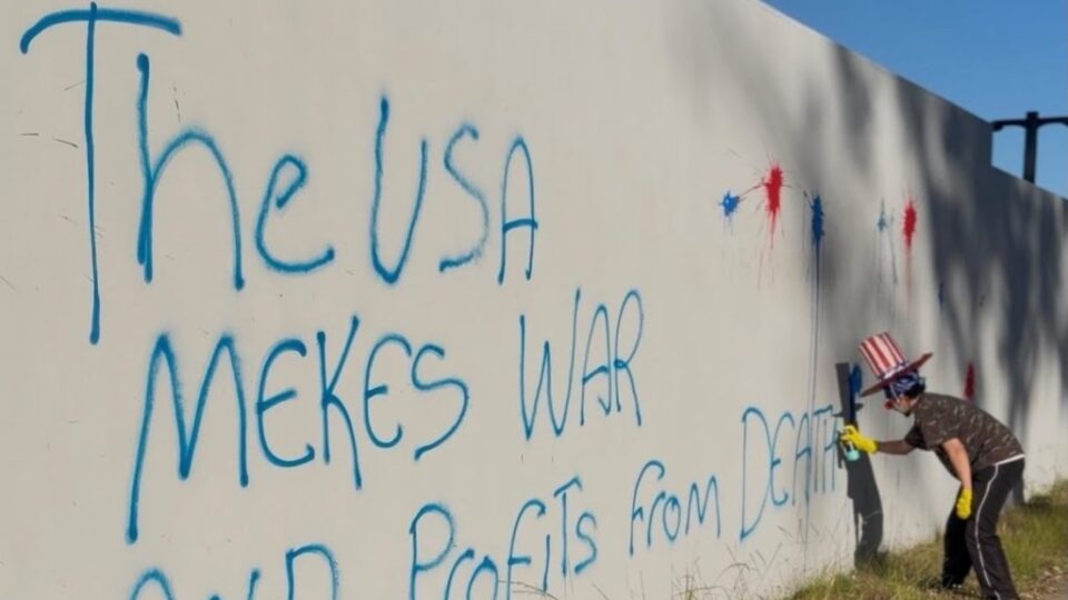 MST picha muro da Embaixada dos EUA com agressões ao governo Trump