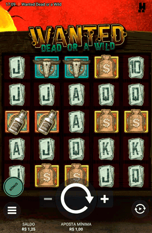 Layout do slot Wanted: Dead or a Wild que exibe o botão de spin e também o de comprar bônus
