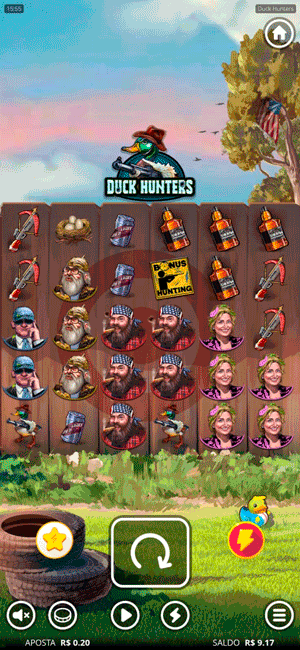 Grid do Duck Hunters em cassino online, com símbolos e estética que remete a caça à passáros
