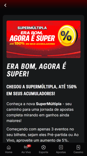 Captura de tela mostrando oferta de SuperMúltipla na Superbet
