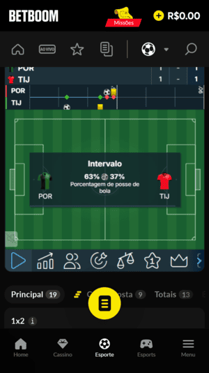 Janela de estatísticas com 7 opções diferentes, disponível para jogos de futebol na Betboom
