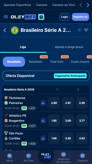 Captura de tela mostrando os mais de 420 mercados disponíveis em partidas de futebol na Oleybet
