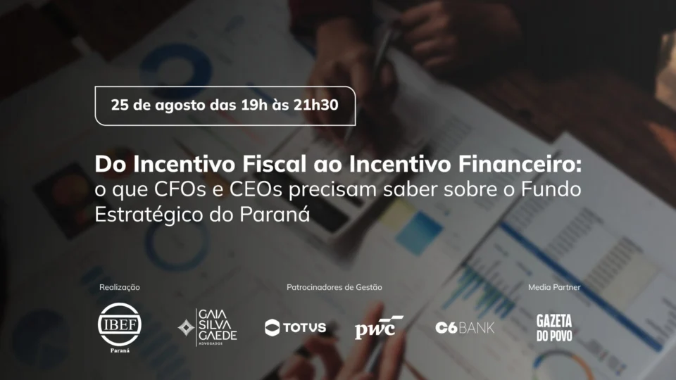 Executivos, empresários e profissionais da área financeira têm encontro marcado no dia 25 de agosto, em Curitiba, para discutir a evolução dos incentivos fiscais e o novo modelo de incentivo financeiro do Paraná. O evento terá como tema central o Fundo Estratégico do Paraná e contará com a participação do secretário da Fazenda, Norberto Ortigara.