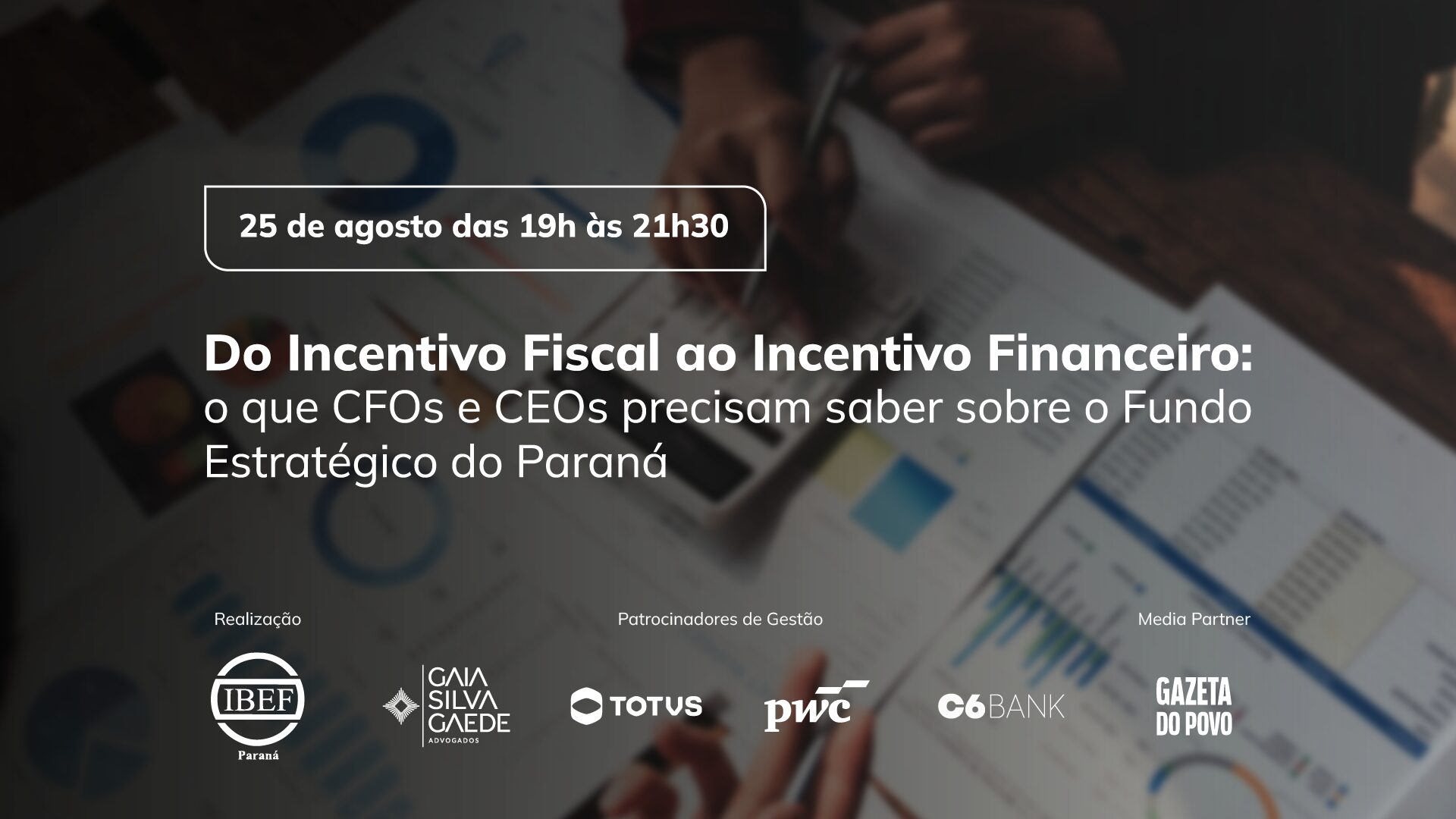 Executivos, empresários e profissionais da área financeira têm encontro marcado no dia 25 de agosto, em Curitiba, para discutir a evolução dos incentivos fiscais e o novo modelo de incentivo financeiro do Paraná. O evento terá como tema central o Fundo Estratégico do Paraná e contará com a participação do secretário da Fazenda, Norberto Ortigara.