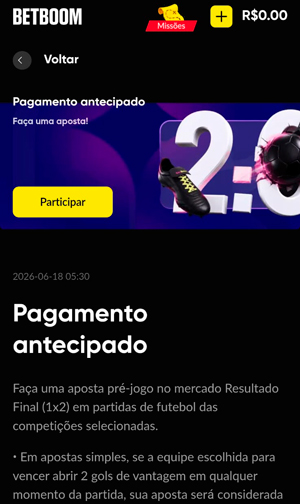 Página da oferta de pagamento antecipado na BetBoom