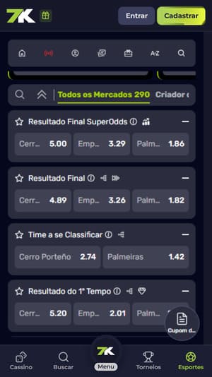 Mercados de apostas na Bet7k com a sinalização que são compatíveis com cash out