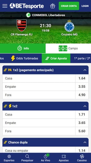 Página com mercados que utilizam o "Criar Aposta" na BETesporte
