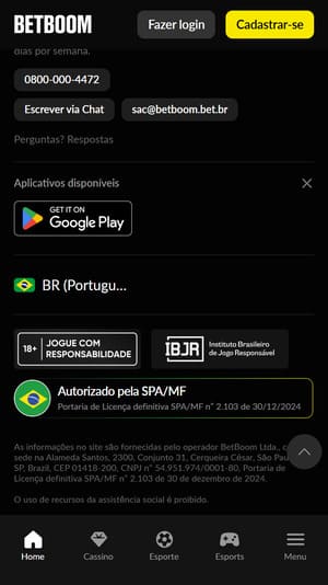 Selos de autorização e dados legais da Betboom
