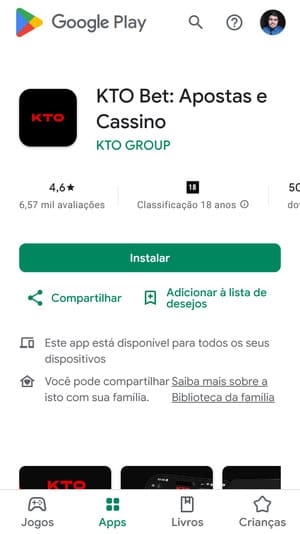 Página de download do app oficial da KTO para Android