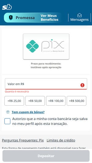 Tela de pagamentos da Sportingbet
