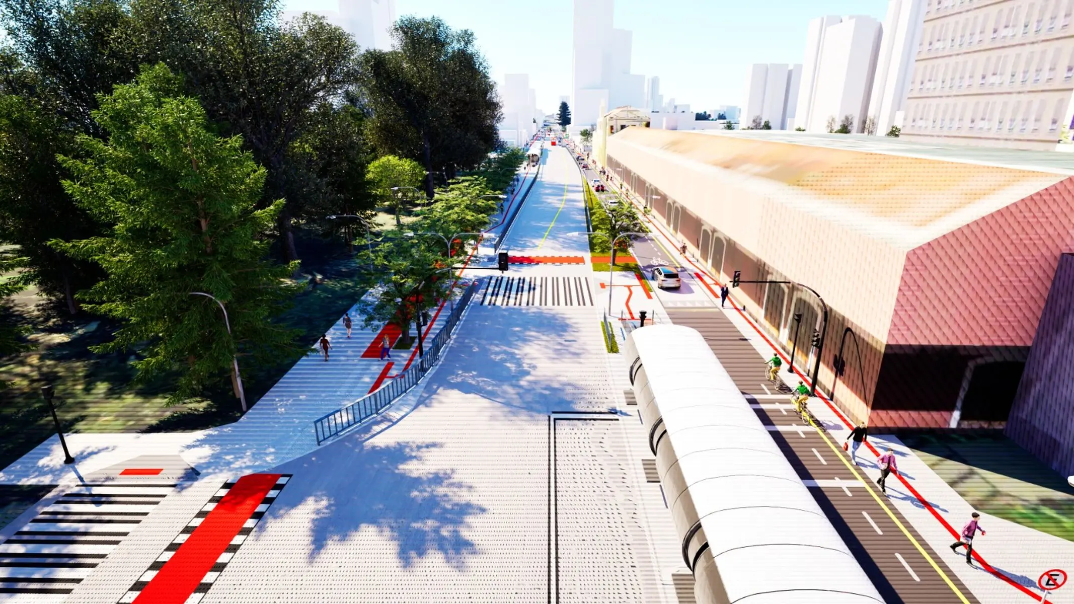 Projeção de como ficará a Praça Eufrásio Correia, no Centro de Curitiba, após as obras de requalificação, que vão modernizar o espaço e melhorar a mobilidade na região.
