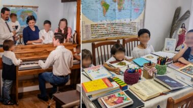 Os filhos do casal em idade escolar mantêm rotina de estudos com disciplinas regulares, idiomas, música e programação de software.