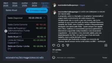 Desembargador exibe saldo de R$ 96 e sai em defesa de penduricalhos