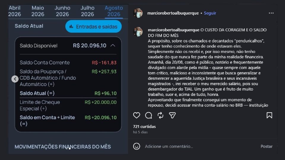 Desembargador exibe saldo de R$ 96 e sai em defesa de penduricalhos