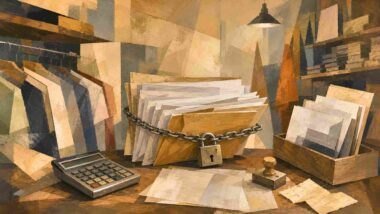 Pilha de documentos de dívida ativa de empresas presos por corrente e cadeado, com calculadora e contas sobre o balcão — ilustração editorial semiestilizada