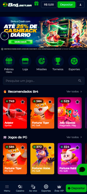 Página inicial do cassino da Br4bet, que possui um banner da oferta de cashback diário e os jogos em destaque