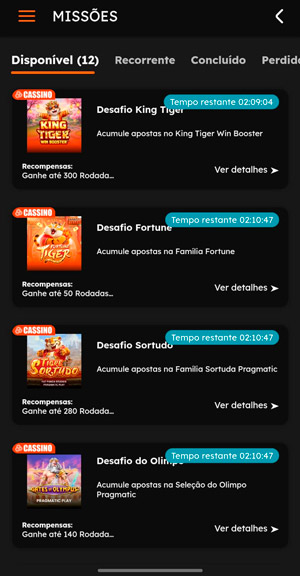 Página das missões disponíveis na ApostaGanha, que pode dar bonus sem depósito em giros grátis
