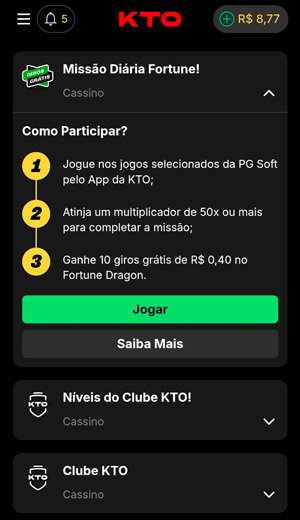 Página de uma missão diária da KTO que pode oferecer recursos de giros gráits sem depósito