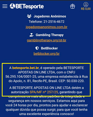 Rodapé da interface da BETesporte com destaque para a licença e dados da empresa que gerencia a operação