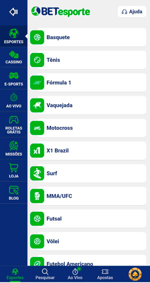 Menu de modalidades esportivas na BETesporte, que exibe opções populares em lista vertical
