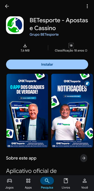 Página do app da BETesporte na Play Store para instalar no Android