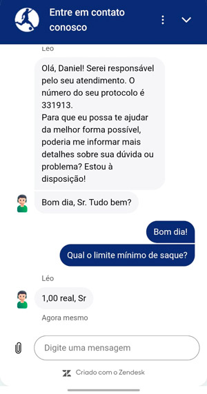 Captura da tela do chat ao vivo da BETesporte com atendente respondendo pergunta sobre o saque mínino