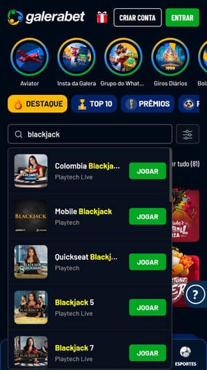 Resultados de pesquisa para o termo “Blackjack” no cassino da Galerabet