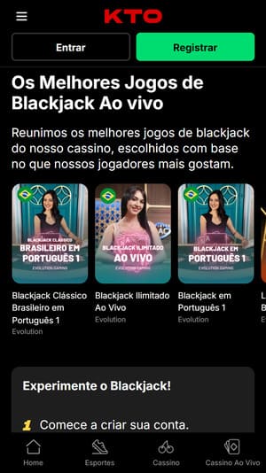 Aba dedicada a blackjack ao vivo disponível na KTO
