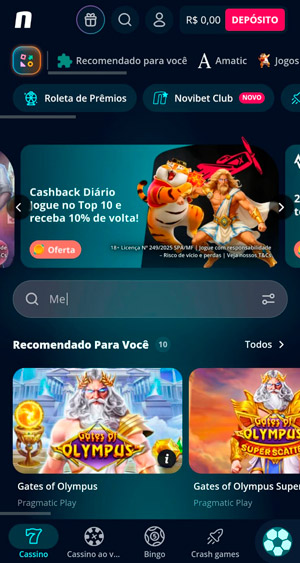 Captura de tela da seção de jogos de cassino da Novibet