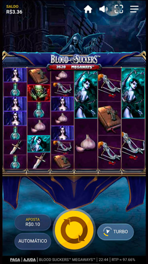 Interface do slot Blood Suckers Megaways com marcação de RTP alto de 97,66%