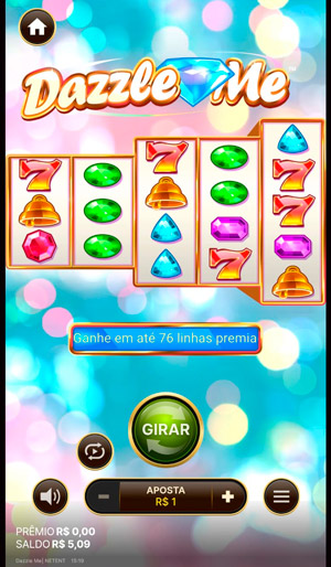 Interface do Dazzle Me slot de alta volatilidade com grid no padrão 3-3-4-4-5