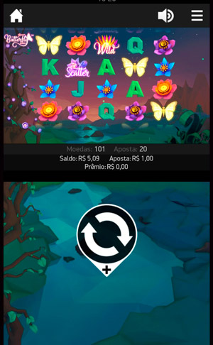 Layout do slot Butterfly Staxx que exibe o grid 4x5 e as configurações de aposta