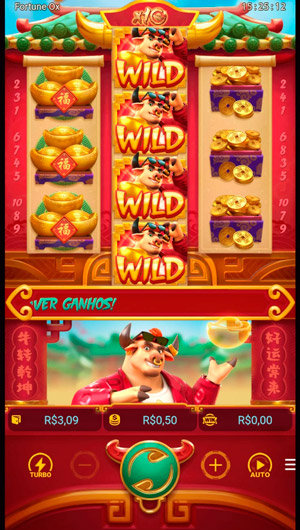 Interface do slot Fortune Ox com grid 3-4-3 e botões de configuração da aposta