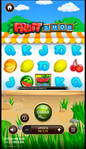 Captura de tela do slot Fruit Shop com o grid de símbolos e o menu de apostas