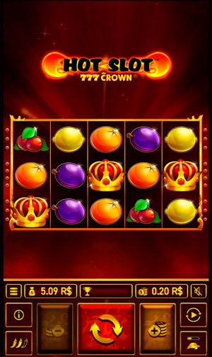 Interface do Hot Slot: 777 Crown com estética de caça-níquel clássica e botões de mecânicas avançadas