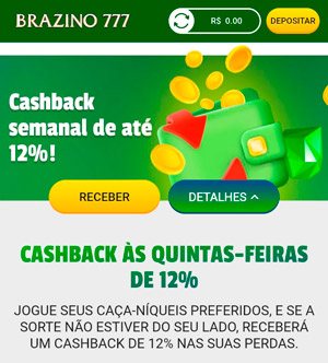 Página da oferta de cashback semanal para slots da Brazino777 compatível com jogos de alto RTP