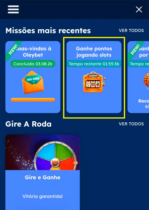 Página das missões e desafios disponíveis na Oleybet que podem ser completadas com slots de RTP alto