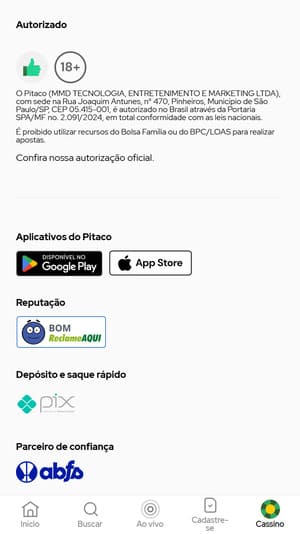 Captura de tela com dados oficiais mostrando que o Pitaco é legal no Brasil