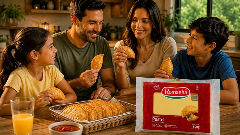 Família reunida à mesa, com o sabor e a praticidade da Massa para Pastel Romanha.