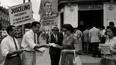 Ilustração recria uma votação no Brasil dos anos 1950. A cédula única para presidente e vice foi instituída em 30 de agosto de 1955 e estreou 34 dias depois, na eleição vencida por Juscelino Kubitschek.