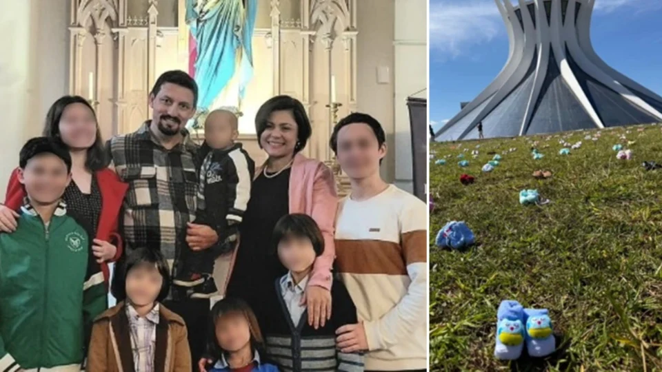 À esquerda, família Vieira, de Santa Catarina, condenada por homeschooling. À direita, ação com quase 400 pares de sapatinhos de bebês realizada este ano por grupos pró-vida, em Brasília.