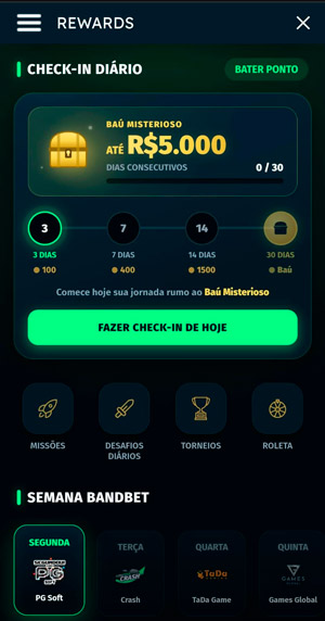 Área de Rewards da BandBet com destaque para a oferta de checkin diário, além de botões da Roleta e Missoes disponíveis