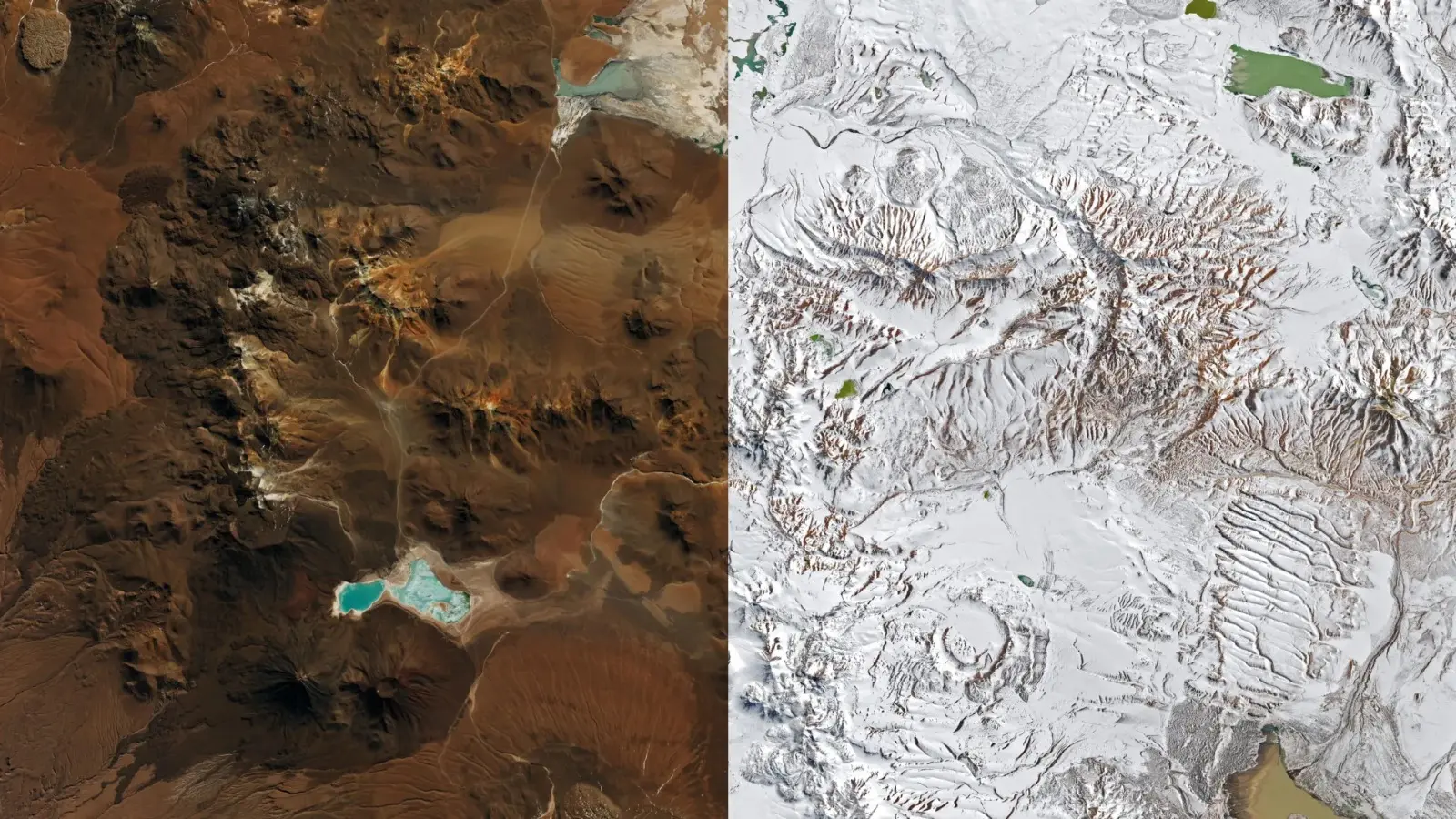 Imagens de satélite da NASA mostram a transformação do planalto de Chajnantor antes e depois da chegada da neve em agosto.