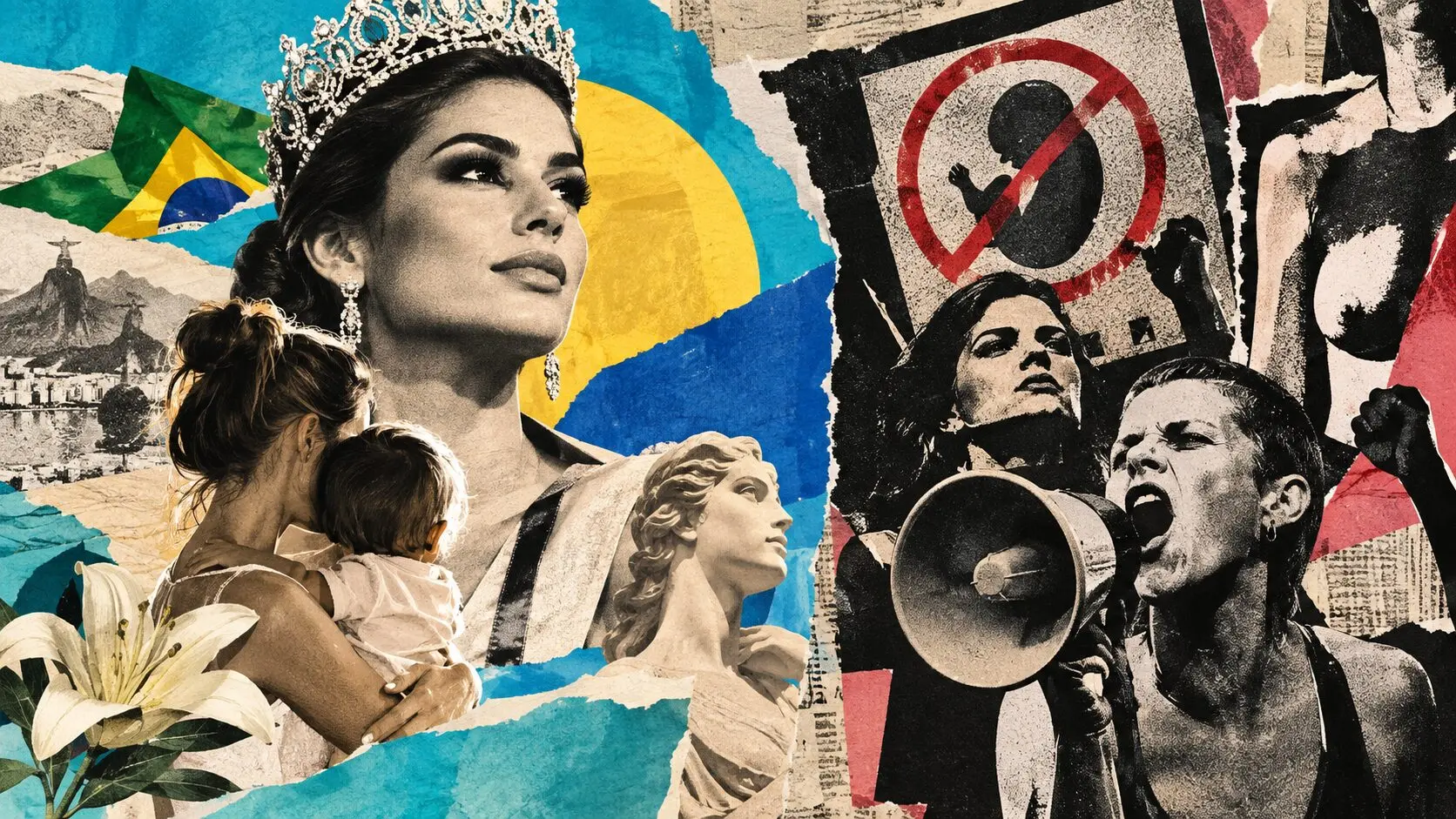 Colagem artística mostra uma miss brasileira usando coroa, uma mãe com duas crianças e uma estátua clássica, ao lado de manifestantes feministas com megafone e cartaz contra a maternidade.